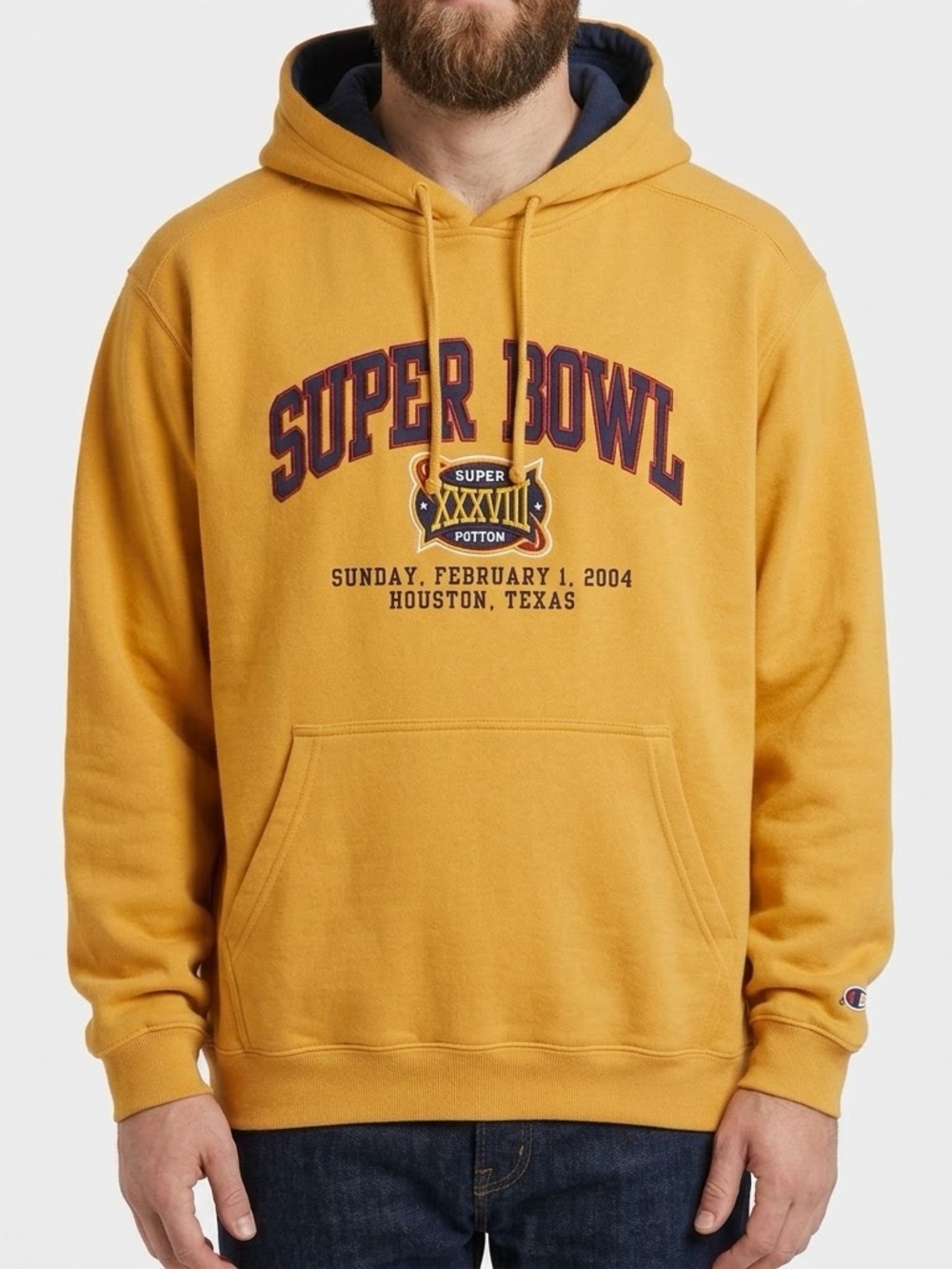 Reebok Vintage Super Bowl XXXVIII 2004 Hoodie Yellow Graphic Pullover Mens L